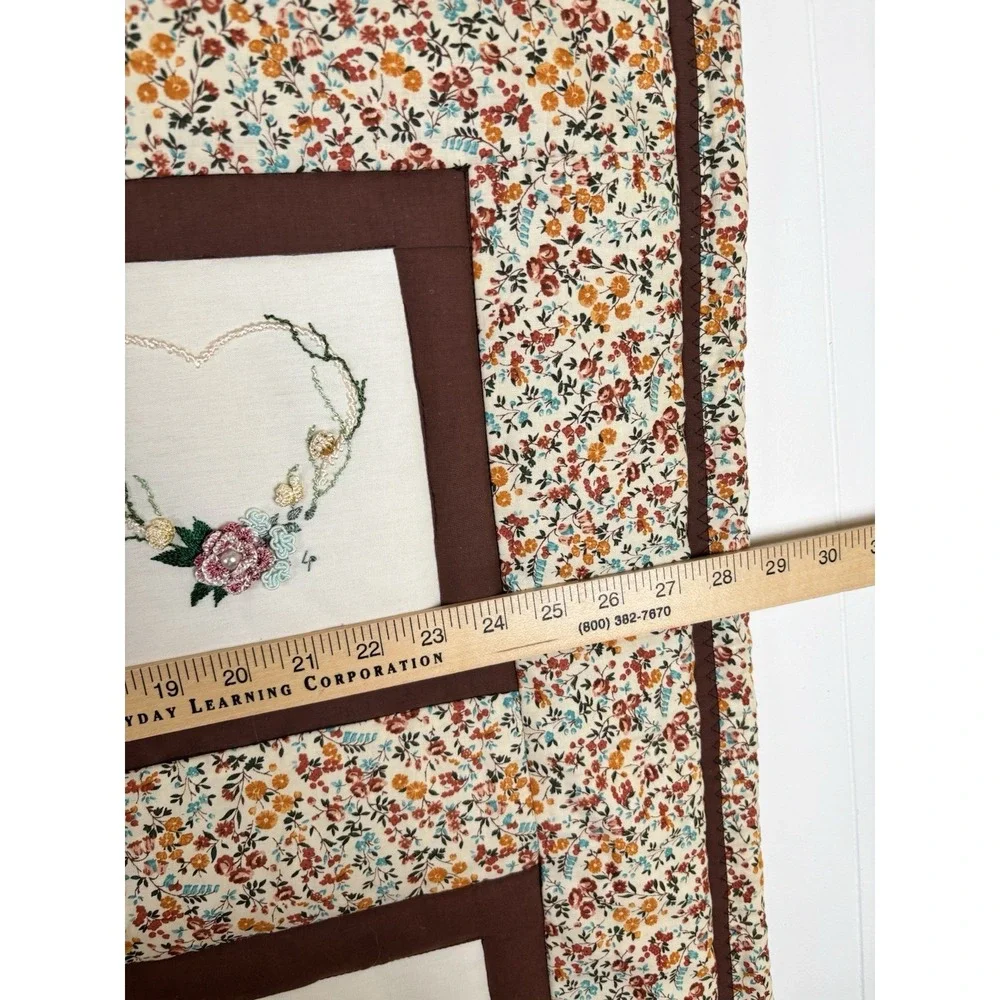 Vintage 70s Small Quilted & Embroidered Wall Hanging Hearts Brown‎ Floral